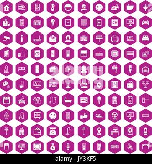 100 smart house icons hexagon violet Stock Vector