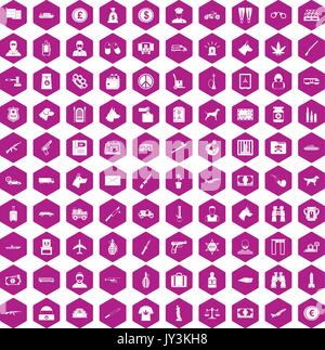 100 smuggling icons hexagon violet Stock Vector