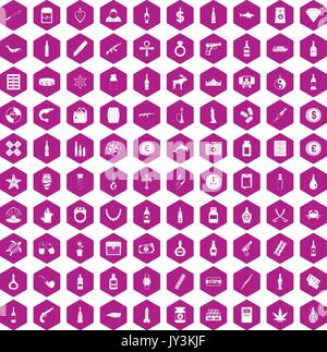 100 smuggling goods icons hexagon violet Stock Vector