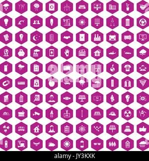 100 solar energy icons hexagon violet Stock Vector