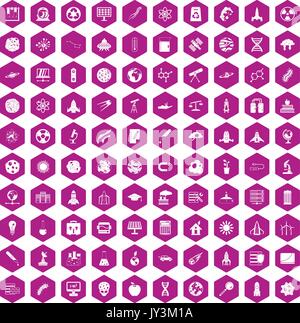 100 space icons hexagon violet Stock Vector