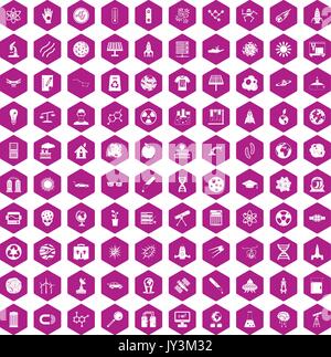 100 space technology icons hexagon violet Stock Vector