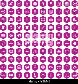 100 sport icons hexagon violet Stock Vector