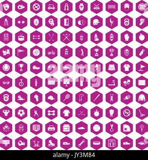 100 sport equipment icons hexagon violet Stock Vector