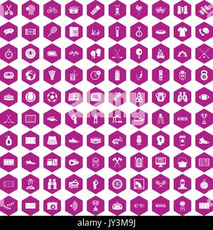 100 sport journalist icons hexagon violet Stock Vector