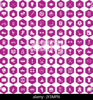 100 sport team icons hexagon violet Stock Vector