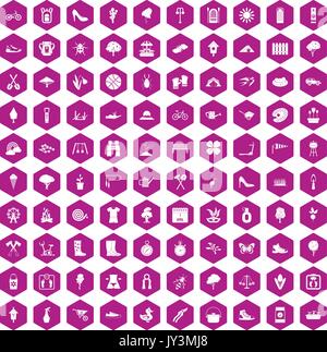100 spring icons hexagon violet Stock Vector