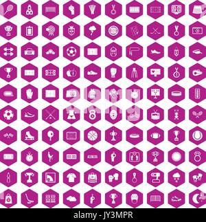 100 stadium icons hexagon violet Stock Vector