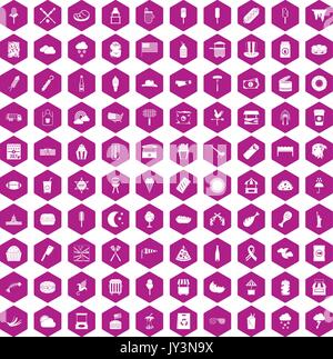 100 street food icons hexagon violet Stock Vector