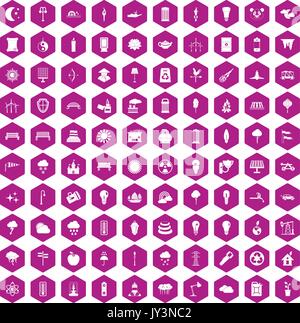100 street lighting icons hexagon violet Stock Vector