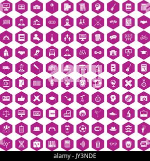 100 student icons hexagon violet Stock Vector