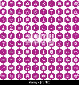 100 summer icons hexagon violet Stock Vector