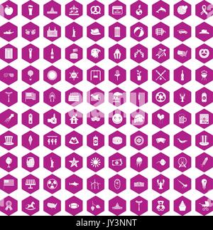 100 summer holidays icons hexagon violet Stock Vector