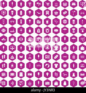 100 summer shopping icons hexagon violet Stock Vector