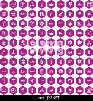 100 summer vacation icons hexagon violet Stock Vector