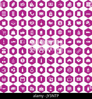 100 supermarket icons hexagon violet Stock Vector