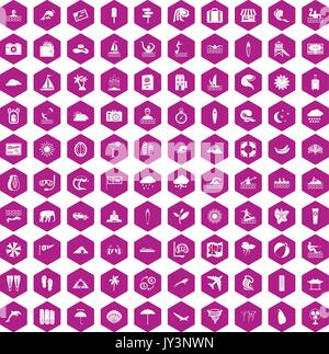 100 surfing icons hexagon violet Stock Vector