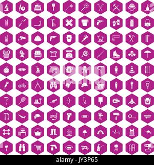 100 tackle icons hexagon violet Stock Vector