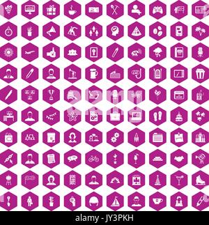 100 team building icons hexagon violet Stock Vector