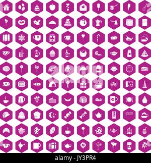 100 tea party icons hexagon violet Stock Vector
