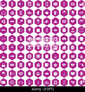 100 tea time food icons hexagon violet Stock Vector