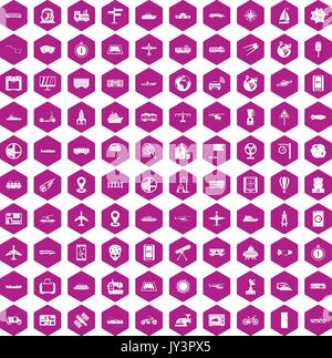 100 technology icons hexagon violet Stock Vector