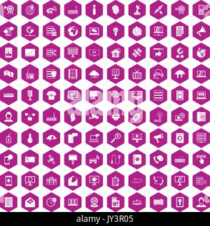 100 telecommunication icons hexagon violet Stock Vector