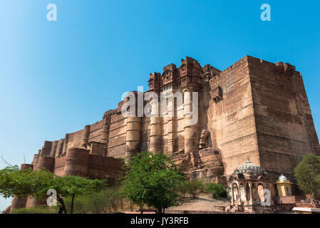 Wide angle picture of  Mehrangarh Fort on the top of the city of Jodhpur, the blue city of Rajasthan in India. Stock Photo