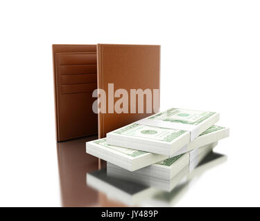 3d illustration. Leather wallet with stack of banknotes. Concept of payment. Isolated white background Stock Photo