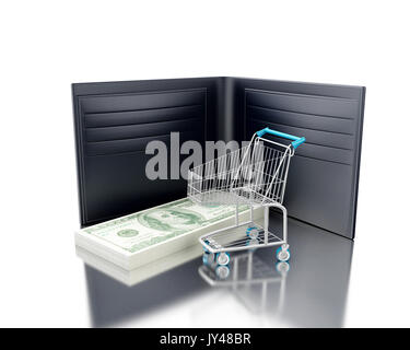 3d illustration. Leather wallet with stack of bills and shopping cart. Shopping concept. Isolated white background Stock Photo