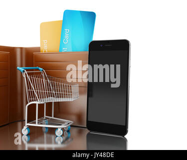 3d illustration. Dollars in leather wallet with shopping cart and smartphone. E-commerce concept. Isolated white background Stock Photo