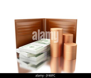 3d illustration. Leather wallet with stack of bills and coins. Concept of payment. Isolated white background Stock Photo