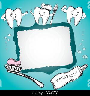 Frame with healthy teeth, toothpaste, toothbrush, vector Stock Vector