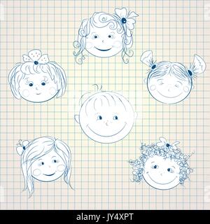 Boys and girls  faces seamless pattern. Black and white sketch Stock Vector