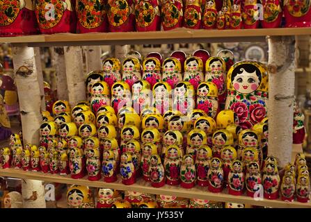 Russian Matrioshka dolls for sale in shop Stock Photo