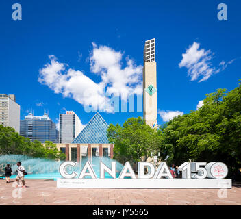 The official 3D Canada 150 sign at Sir Winston Churchill Square in Edmonton, Alberta, Canada. The sign celebrates Canada's 150th anniversary Stock Photo