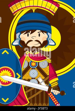 Cute Cartoon Ancient Roman Centurion Soldier with Sword and Shield Illustration Stock Vector