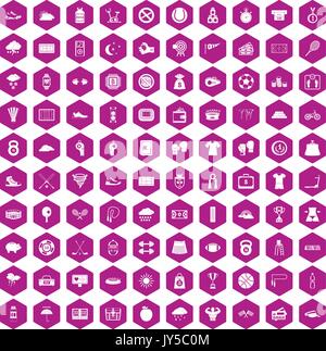 100 tennis icons hexagon violet Stock Vector