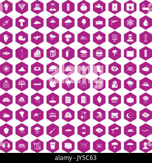 100 thunderstorm icons hexagon violet Stock Vector