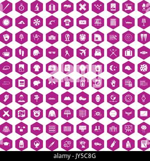 100 time icons hexagon violet Stock Vector