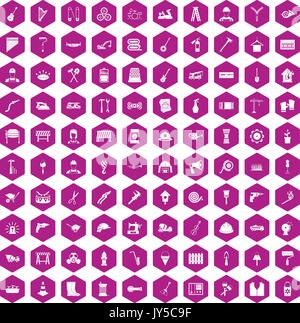 100 tools icons hexagon violet Stock Vector