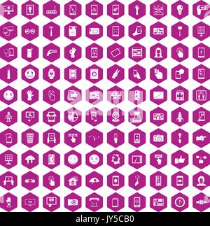 100 touch screen icons hexagon violet Stock Vector