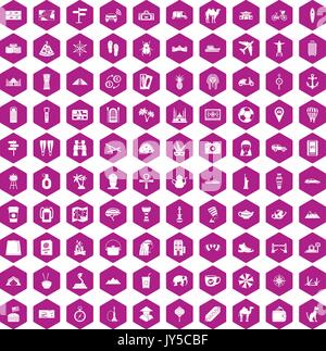 100 tourism icons hexagon violet Stock Vector