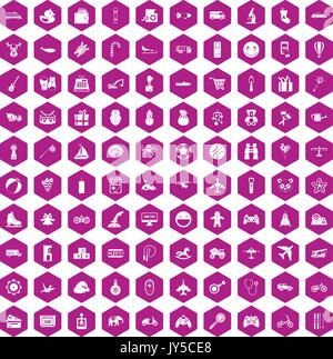 100 toys for kids icons hexagon violet Stock Vector