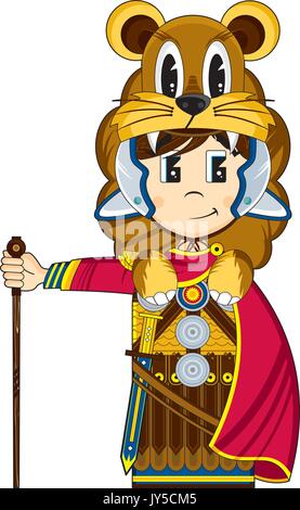 Cute Cartoon Ancient Roman Centurion Lion Soldier Vector Illustration Stock Vector