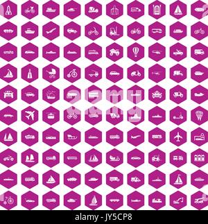 100 transportation icons hexagon violet Stock Vector