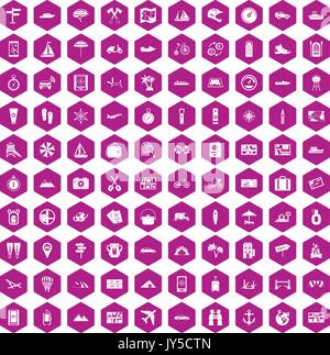 100 travel icons hexagon violet Stock Vector