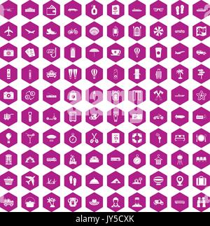 100 travel time icons hexagon violet Stock Vector