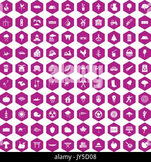 100 tree icons hexagon violet Stock Vector