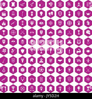 100 trophy and awards icons hexagon violet Stock Vector